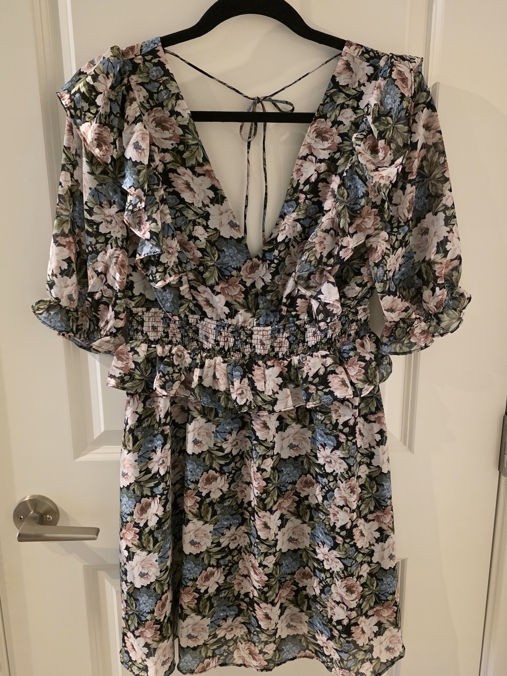 En Saison Floral V-Neck Mini Dress in Pink, Blue & Green